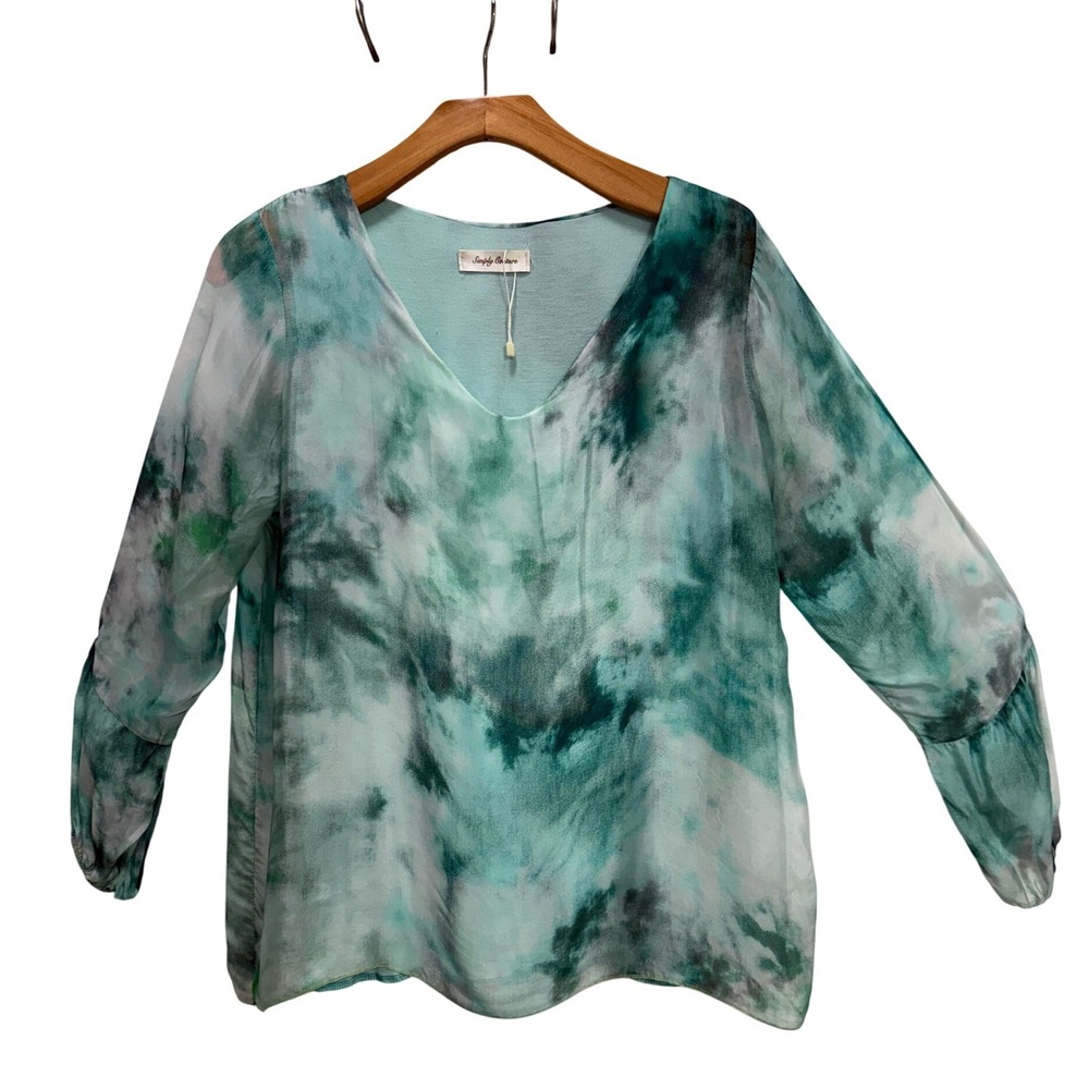 Simply Couture NWOT Silk Blouse Women L Aqua Green Watercolor  Made In Italy